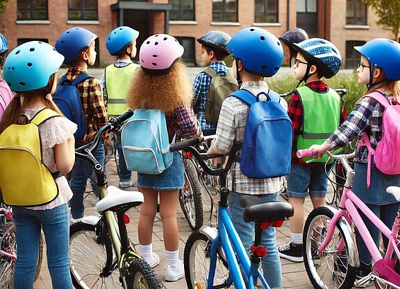 Aber sicher(er)! Mit Fahrrad: Viele Kinder auf dem Weg zur ihrer Schule Mit Fahrrad: Viele Kinder auf dem Weg zur Schule