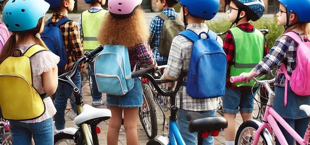 Mit Fahrrad: Viele Kinder auf dem Weg zur Schule