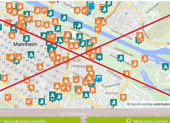 (Durchgestrichener) Screenshot vom Mannheimer Mängelmelder aus dem Dezember 2025